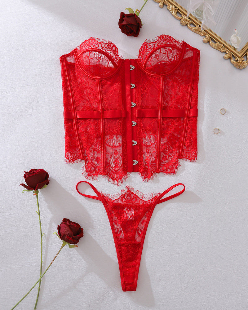 Embroidered Floral See-Through Sexy Hollow Strap Body Shaping Underwear Two-Piece Set with Stockings