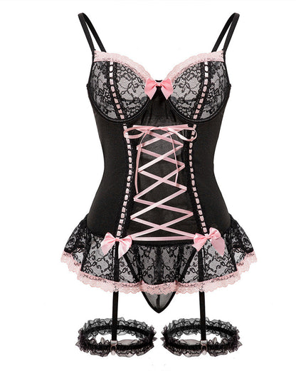 Gathered Contrast Color Sexy See-Through Lace Bow With Leg Cover Pajamas Set