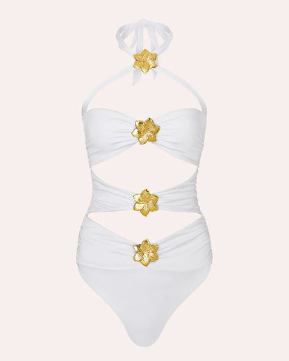 Halterneck Cut Out Swimsuit and Skirt With Flower Hardware Details