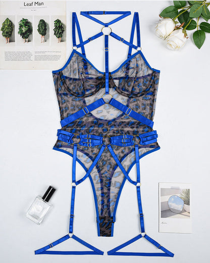 Leopard Print See-Through Mesh Bondage Sexy Underwire Bodysuit