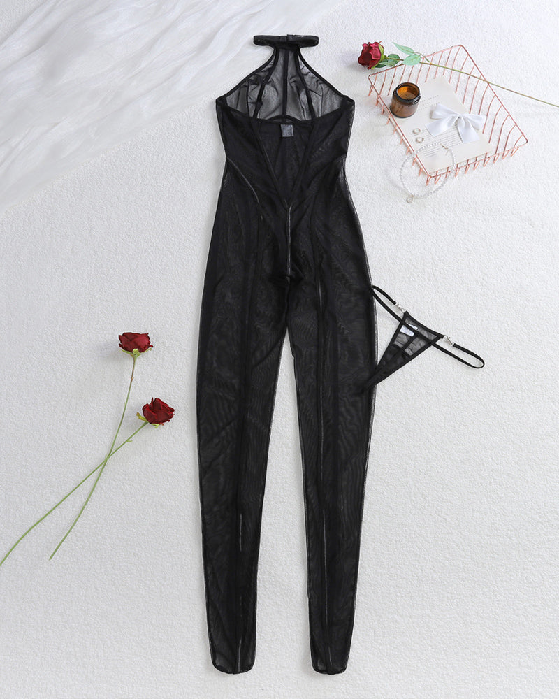 Vertical Striped See-Through Tulle Slim-Fitting Sexy Halterneck Jumpsuit