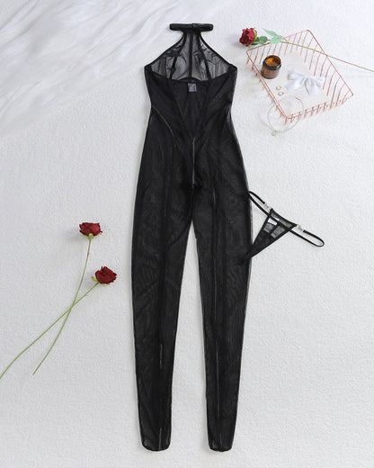 Vertical Striped See-Through Tulle Slim-Fitting Sexy Halterneck Jumpsuit