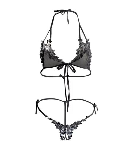 Sexy Deep V Halter Neck Lace See-through Open Crotch Lingerie Set