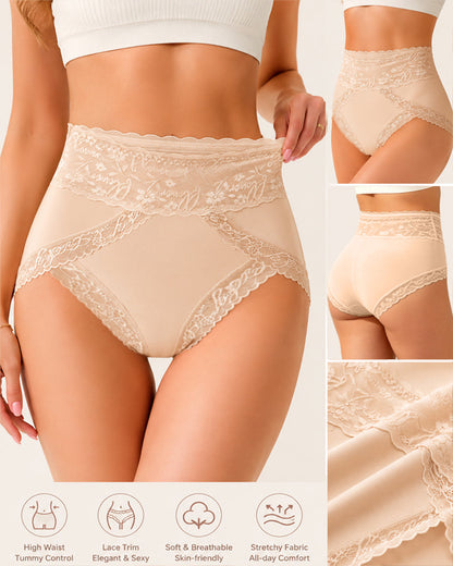 High Waisted Sheer Lace-trim Seamless Breathable Briefs