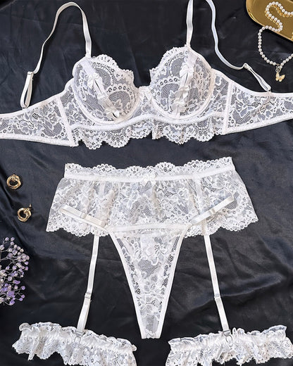Sexy Floral Lace Mesh Underwire Bra Lingerie and Detachable Lace Thigh Garter Belt Set