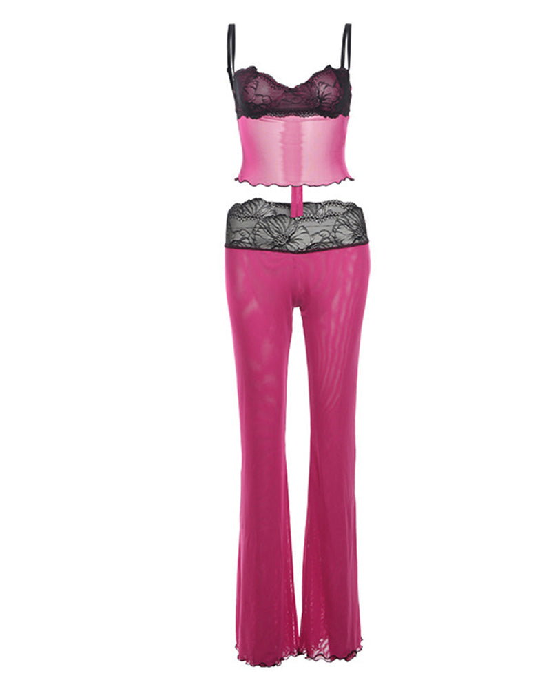 Casual Lace-paneled Sheer Mesh Colorblock Leopard Print Sleeveless Tank Top and Butt-lifting Long Pants Set