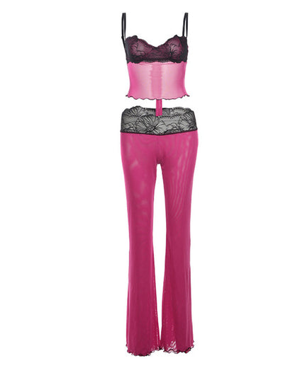 Casual Lace-paneled Sheer Mesh Colorblock Leopard Print Sleeveless Tank Top and Butt-lifting Long Pants Set
