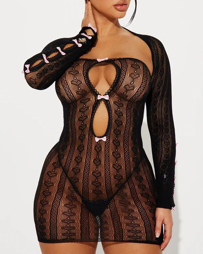 Sexy Stretch Knit Openwork Bow-decorated Strapless Bodycon Dress and Long-sleeved Cover-up Set