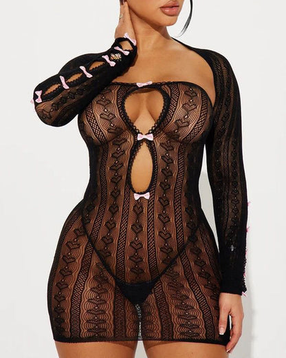 Sexy Stretch Knit Openwork Bow-decorated Strapless Bodycon Dress and Long-sleeved Cover-up Set