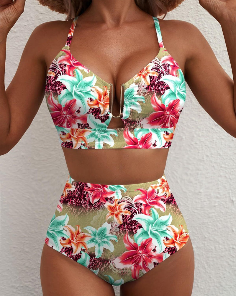 Women's V-neck Floral High-waisted Tummy-control Bikini Swimsuit