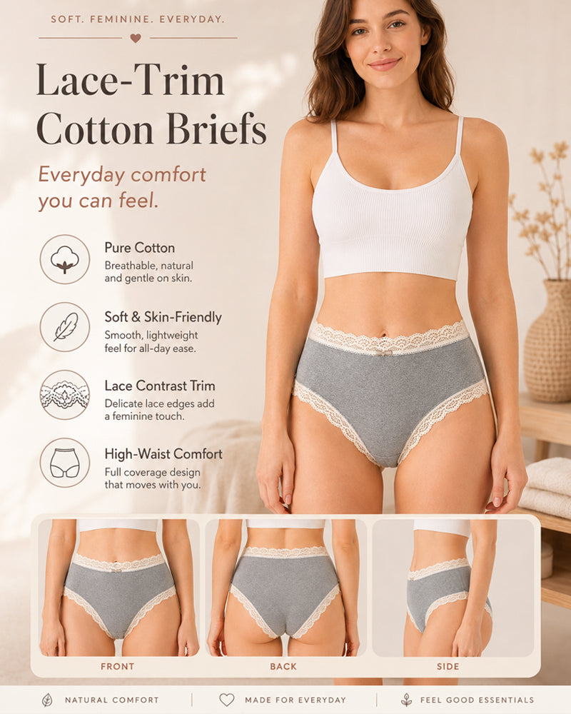 Five-pack Pure Cotton High Waist Lace-trimmed Briefs