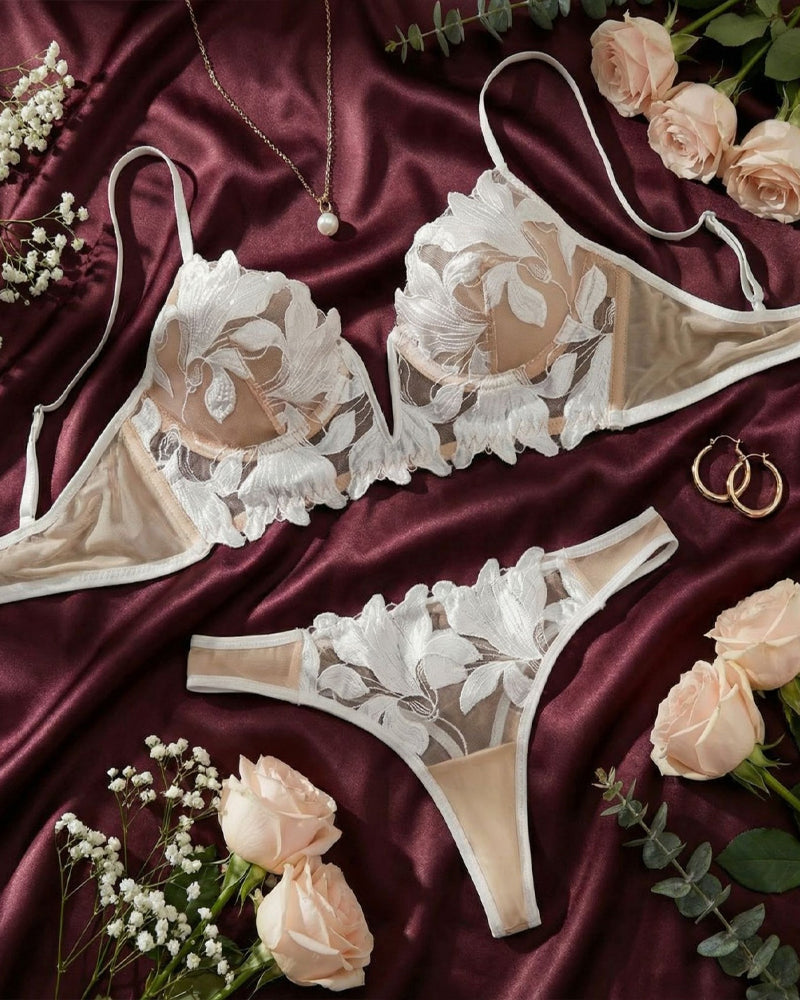 Sexy Deep V Floral Embroidered Mesh Push-up Bra and Panty Lingerie Set