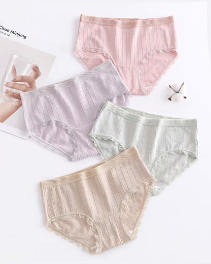 Multi-Pack Women's Mid-Waist Lace Striped Heart Antibacterial Cotton Panties