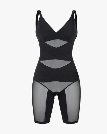 V-neck Mesh-paneled Seamless Tummy Control Hip Lift Bodysuit