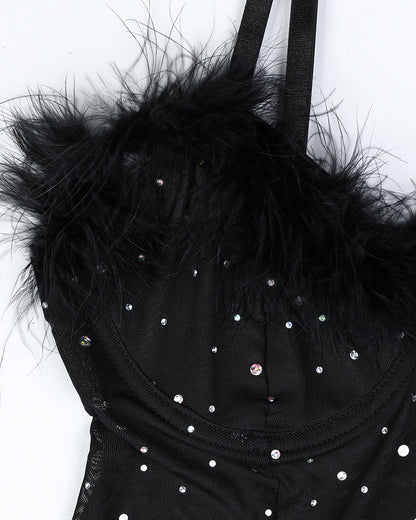 Sexy Rhinestone Feather Patchwork See-Through Elastic Mesh Slit Lingerie Nightgown