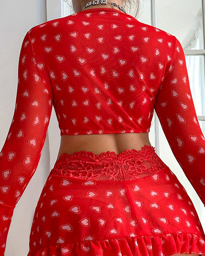 Sexy Heart-print Front-clasp Bra Long-sleeved Top and Skirt Lingerie Set