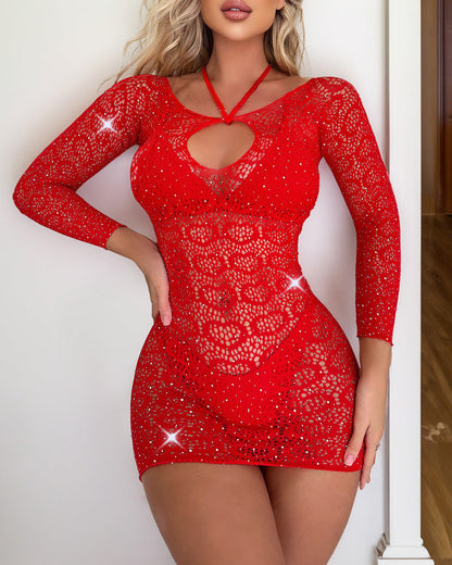 Sexy Heart Shaped Cutout Rhinestone High Elastic Fishnet Bodycon Dress