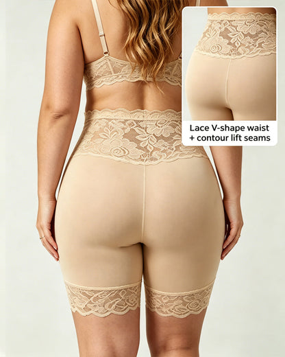 Women's High-Waisted Seamless Tummy Control Lace-Trimmed Elastic Shaping Shorts