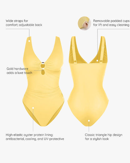 Deep V Solid Color Tummy Control Shaping One-piece Swimsuit