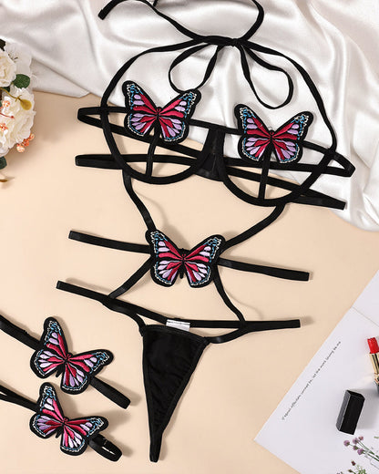 Butterfly Embroidery Halter-neck Strappy Cutout Lingerie Bodysuit