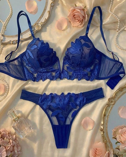 Sexy Deep V Floral Embroidered Mesh Push-up Bra and Panty Lingerie Set