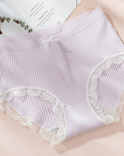 High Waisted Pure Cotton Ribbed Lace-trim Panties