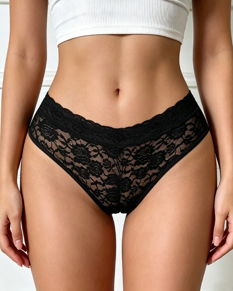 Women's Mid-waist Sexy Floral Lace Colorblock Breathable Panties