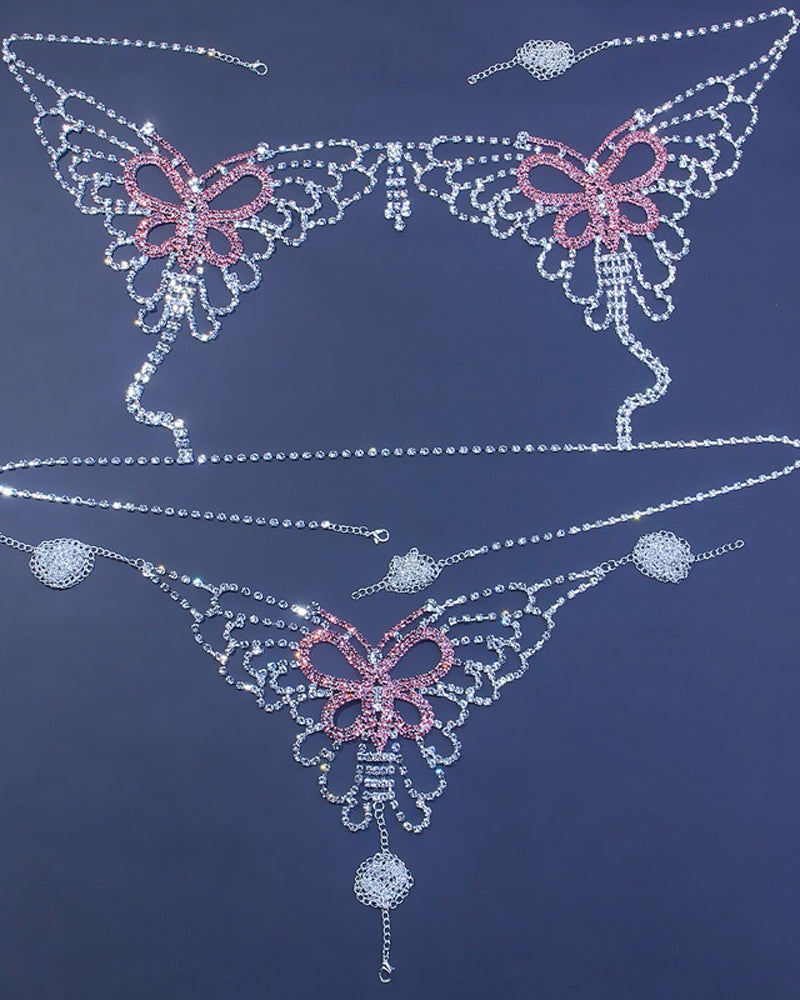 Sexy Butterfly Tassel Rhinestone Bra and Panty Body Chain Set