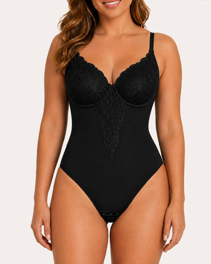 Women's Deep V Lace-Trimmed Tummy Control Seamless Bodysuit