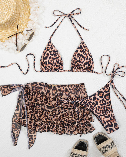 Leopard Print Backless Bikini and Ruffle Mini Skirt Swimsuit Set