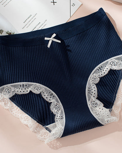 High Waisted Pure Cotton Ribbed Lace-trim Panties