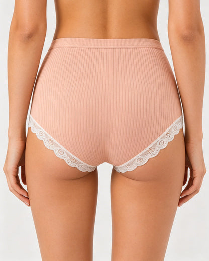High Waisted Pure Cotton Ribbed Lace-trim Panties