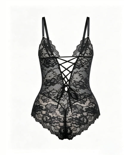 V Neck Lace Seamless Back Drawstring Bodysuit