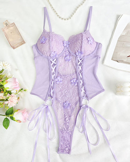 Sexy Floral Lace Sheer Cutout Strappy Bodysuit Lingerie