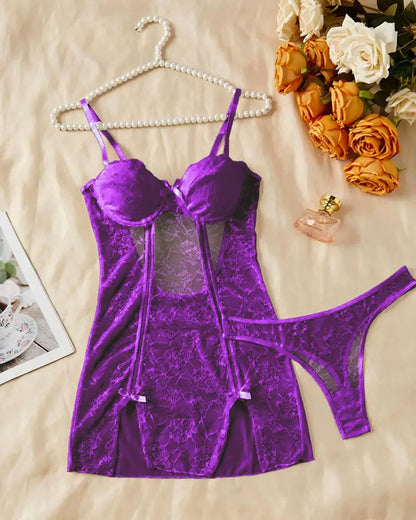 Women's Sexy Floral Lace See-through Slip Dress and Thong Set