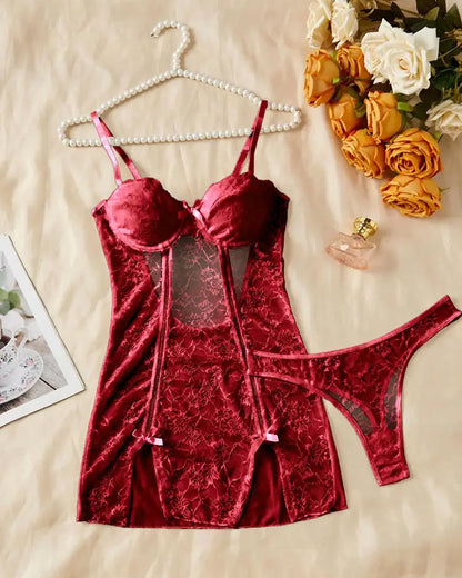 Women's Sexy Floral Lace See-through Slip Dress and Thong Set