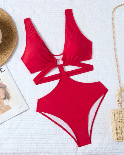 Solid Color Deep V-neck Hollowed-out Sexy One-piece Swimsuit
