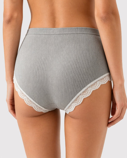High Waisted Pure Cotton Ribbed Lace-trim Panties