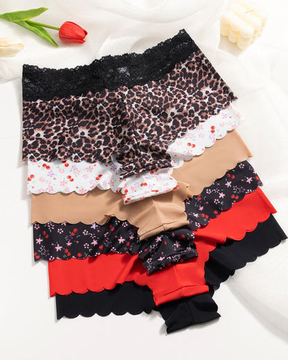 Six-Pack Seamless Ice Silk Lace Trim Print Boxer Briefs