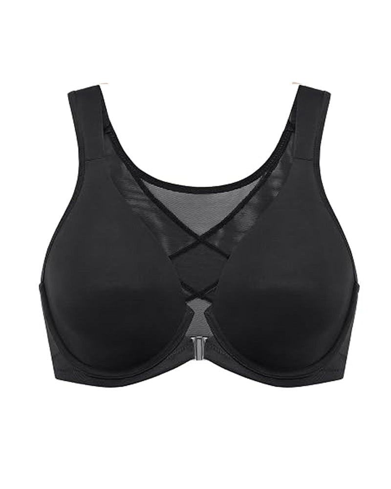 Front Closure Deep V Underwire Cross Mesh Back Bra