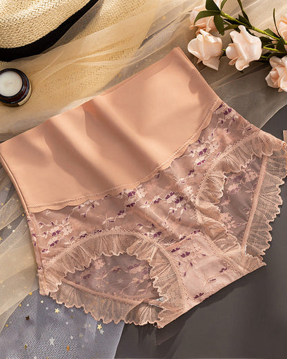 Women's Flower Embroidered Lace High-waisted Tummy-control Breathable Seamless Briefs