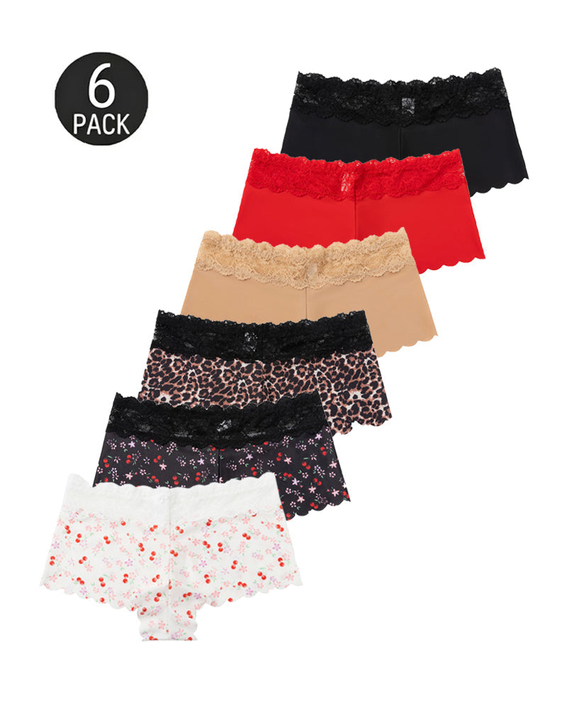 Six-Pack Seamless Ice Silk Lace Trim Print Boxer Briefs