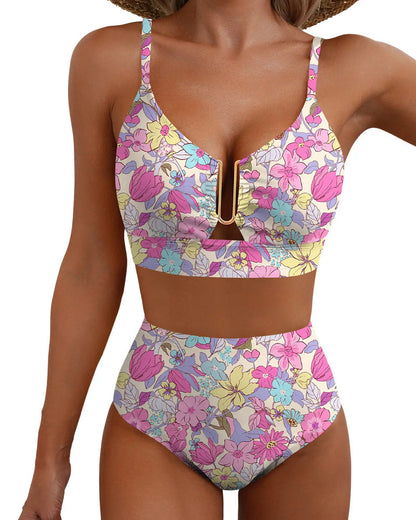 Women's V-neck Floral High-waisted Tummy-control Bikini Swimsuit
