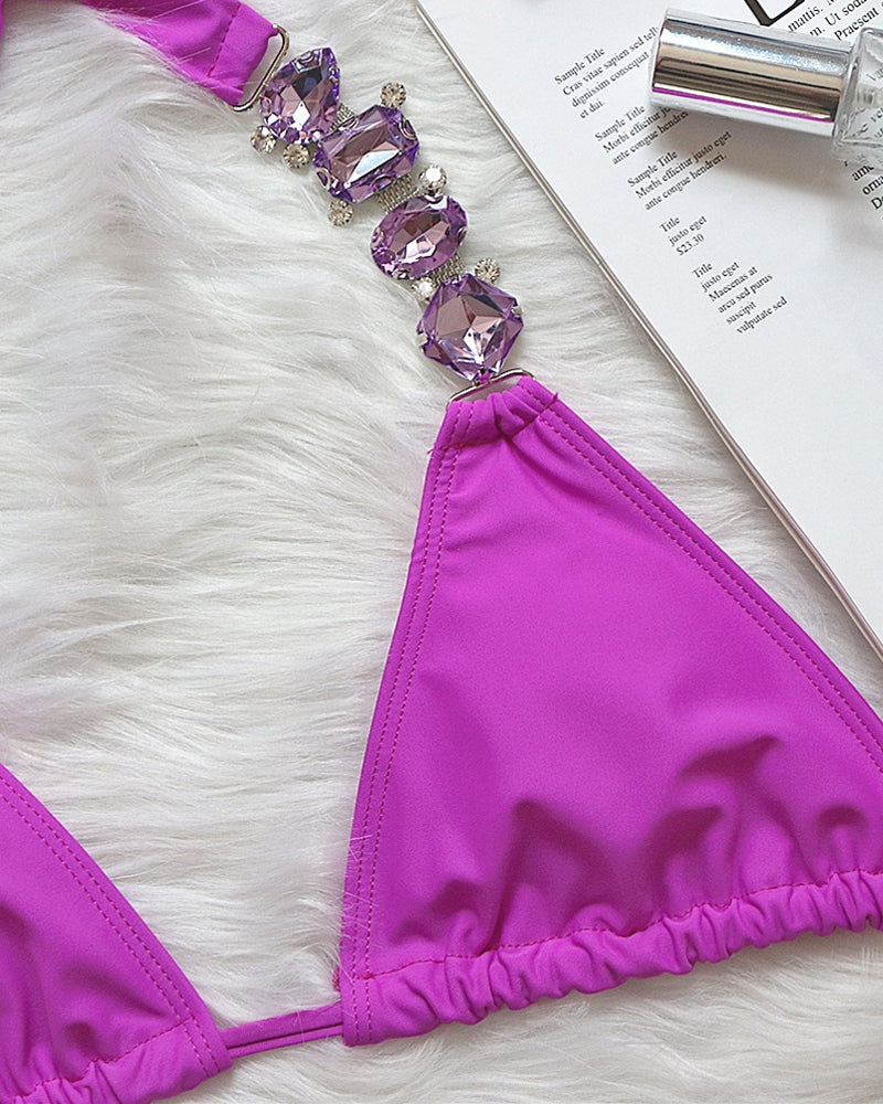 Sexy Solid Color Diamond Chain Embellished Beach Vacation Bikini