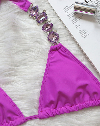 Sexy Solid Color Diamond Chain Embellished Beach Vacation Bikini