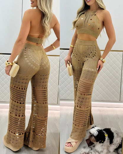 Women's Sexy Vacation Knit Hollow Halter Neck Top and Pants Set