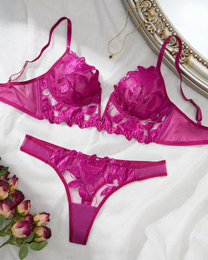 Sexy Deep V Floral Embroidered Mesh Push-up Bra and Panty Lingerie Set