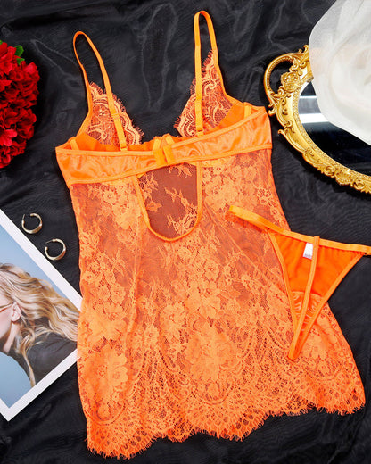 Sexy Lace Sheer Push-up Camisole Nightgown and Thong Set