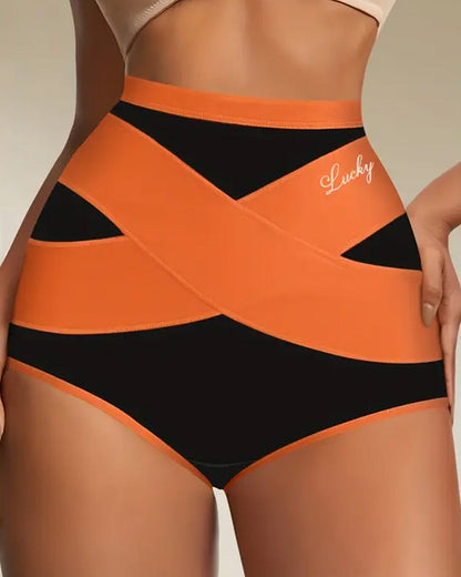 Milk Silk Cross Bandage Contrast Color High Waist Hip Lift Tummy Control Briefs